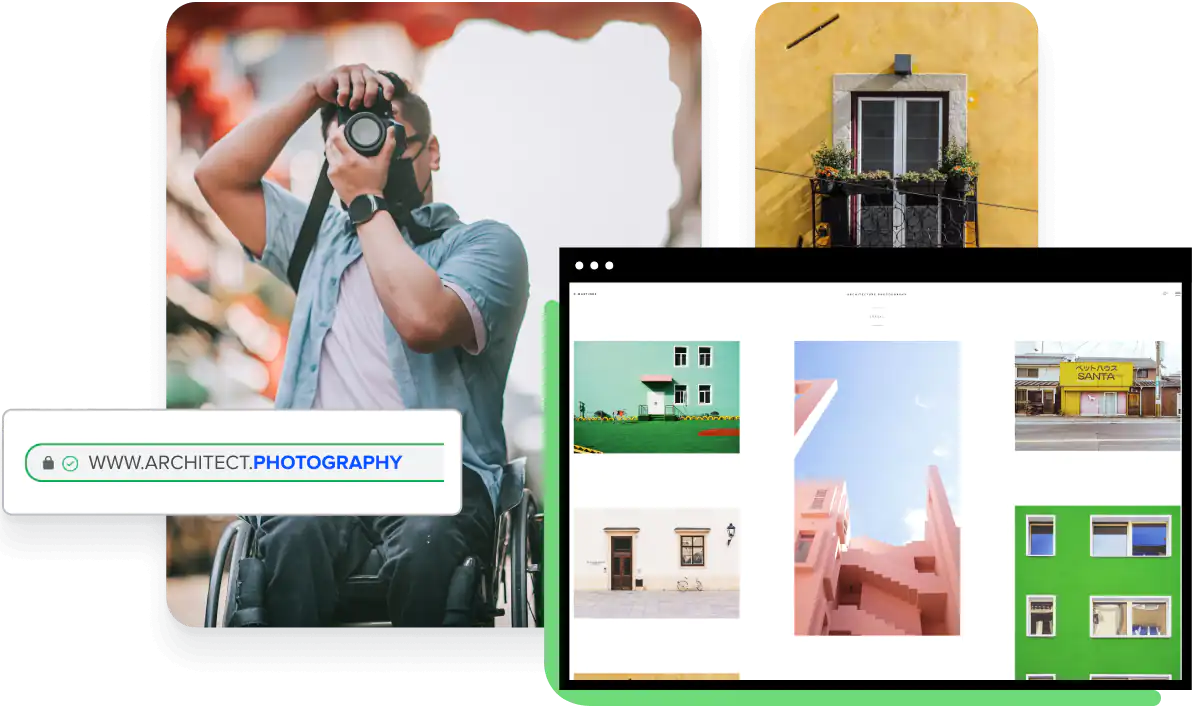 Collage avec un homme tenant un appareil photo et l'image d'une maison et capture d'écran d'un site web de photographie